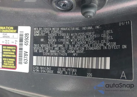 2011 Toyota Sienna Xle V6 from USA, damaged, VIN 5TDYK3DC9BS114078